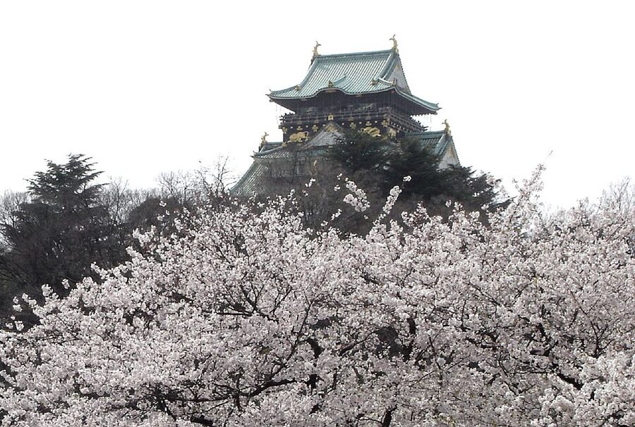 Osaka Castle keep reflected in moat water with cherry blossom trees 2006