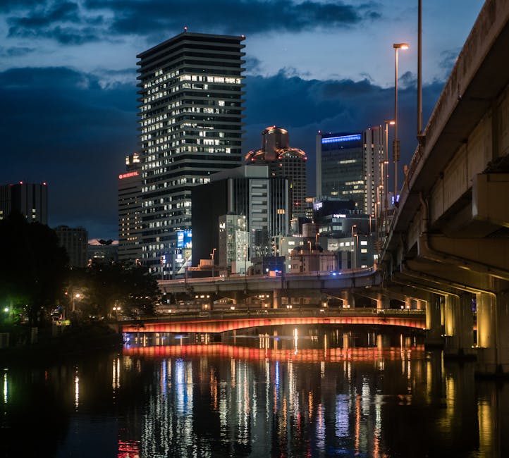 Osaka cityscape at night with river reflections