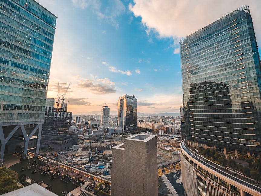 Osaka cityscape with skyscrapers at sunset