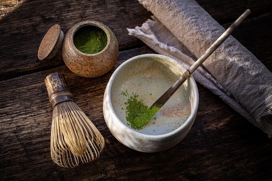 Matcha set with chasen bamboo whisk, chawan tea bowl, and chashaku scoop for Osaka class