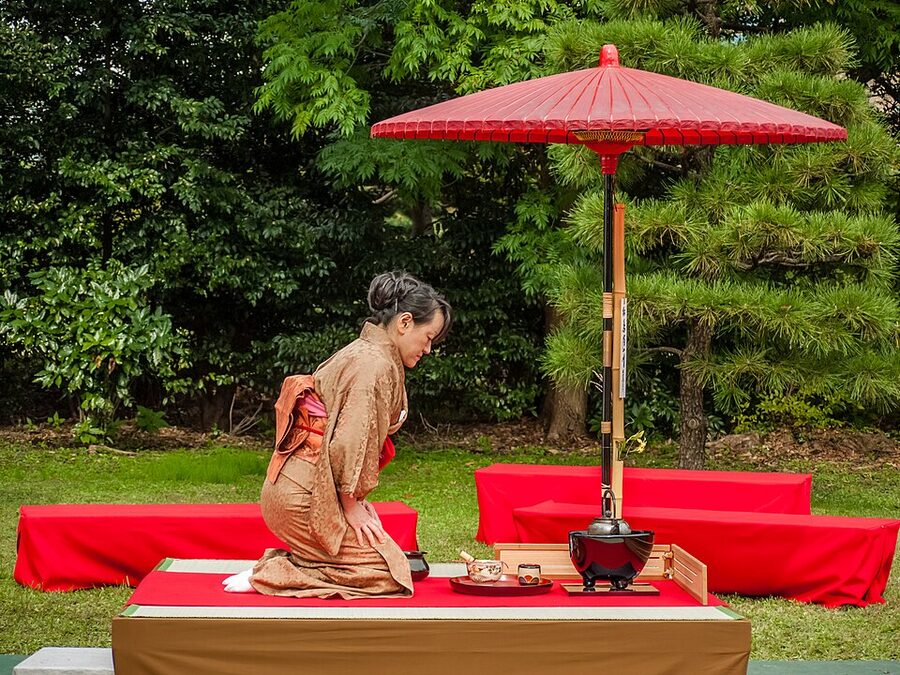 Full Japanese tea ceremony setup with matcha bowl and utensils