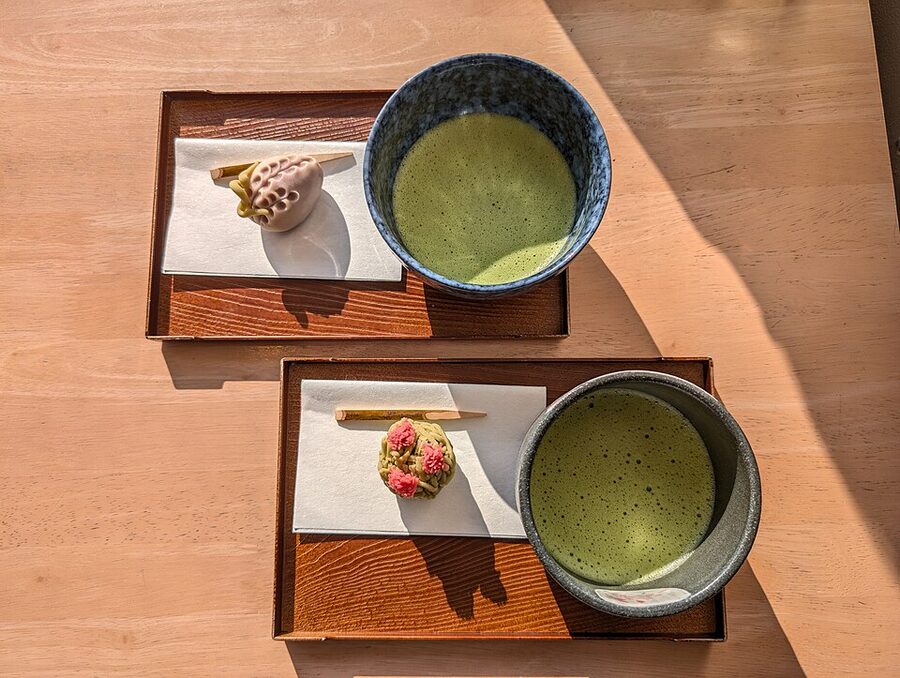 Wagashi sweets paired with a bowl of matcha at Osaka class