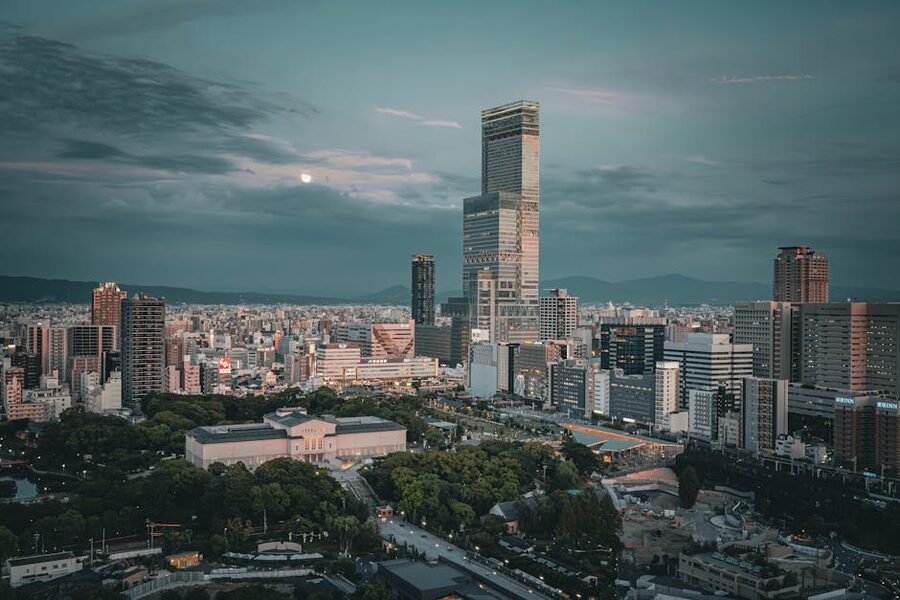 Osaka skyline with Abeno Harukas at twilight