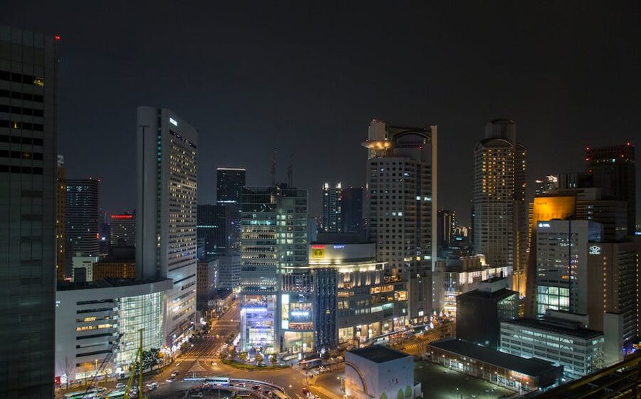 Osaka skyline at night with lit buildings