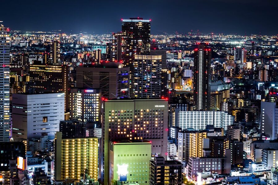Osaka modern skyline night view from above
