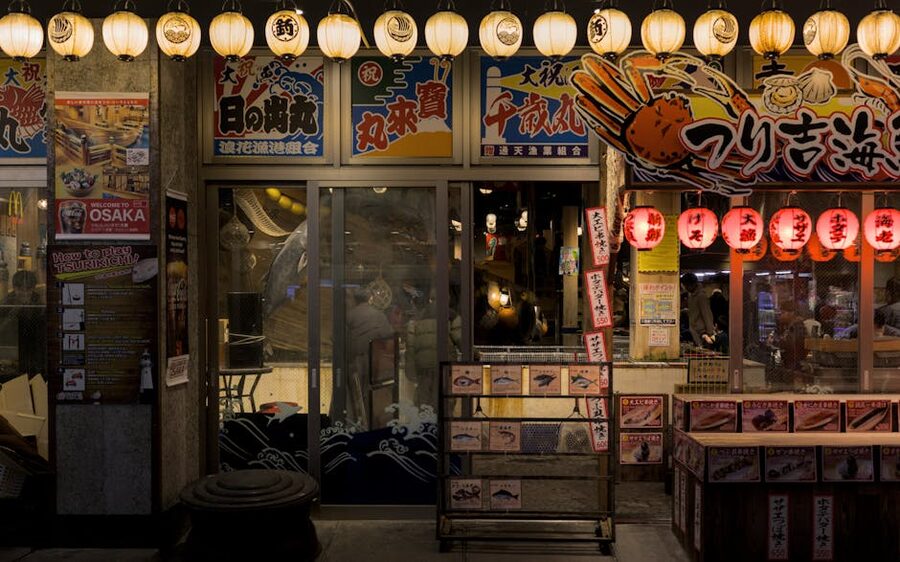 Traditional Osaka street market at night with signage