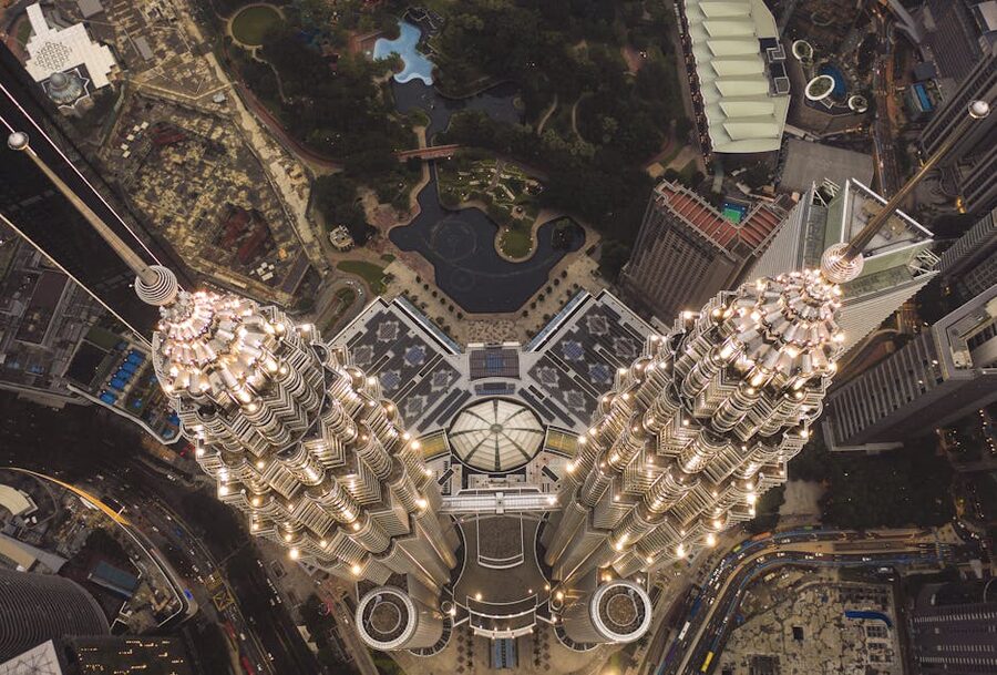 Aerial view of Petronas Towers illuminated