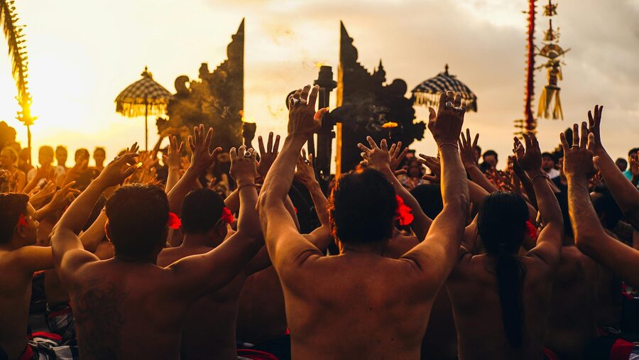 Participants watching Kecak dance at sunset in Bali