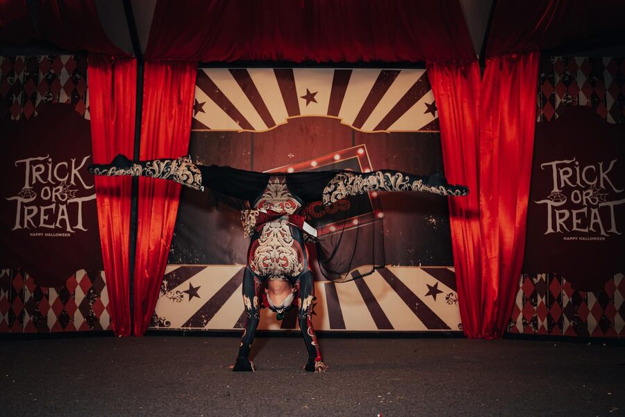 Circus performer executing a handstand on stage in costume