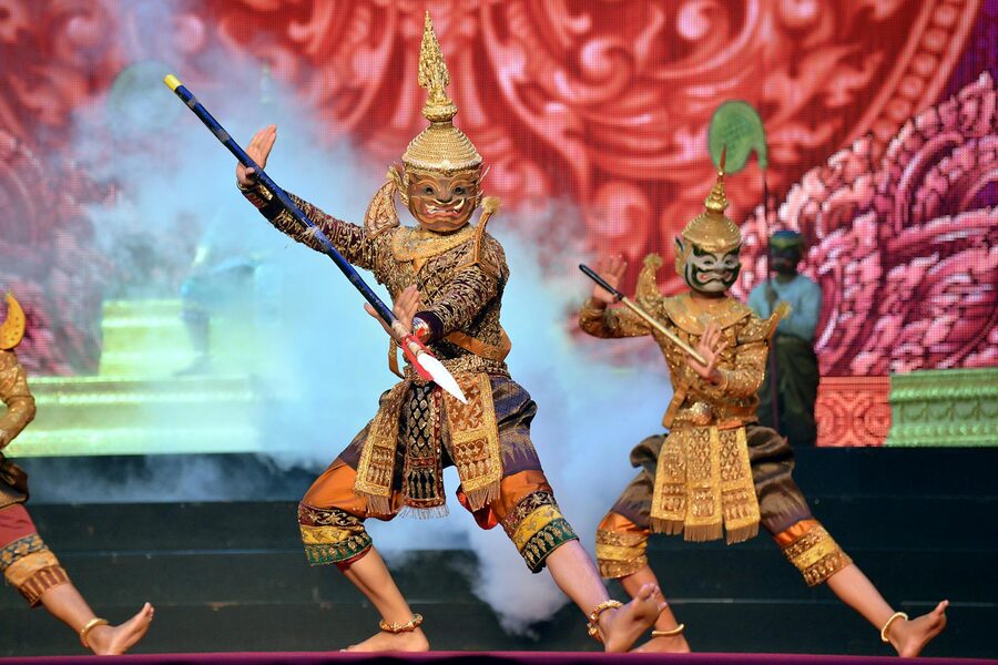 Cambodian performers in traditional cultural costume on stage