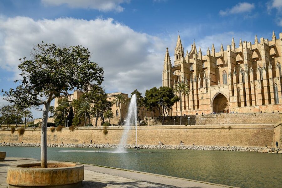 Palma Cathedral and Almudaina Palace reflected in the pool
