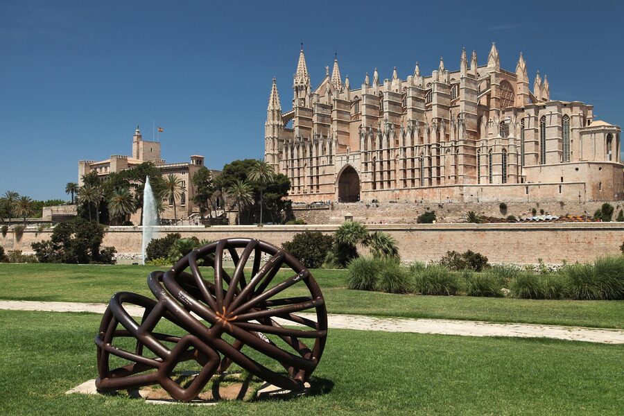 Palma Cathedral classic tower view from inside the city