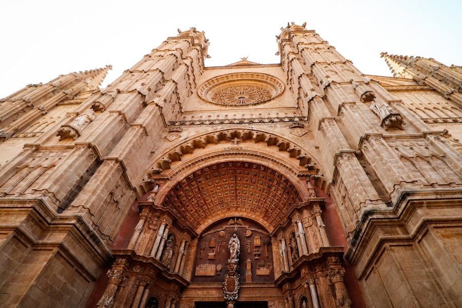 Palma Cathedral upward view of the Gothic facade detail