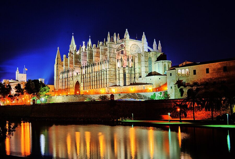 Palma Cathedral La Seu illuminated against the night sky