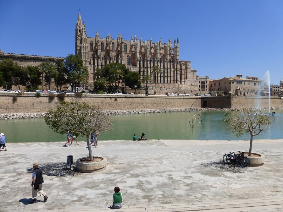 Palma de Mallorca old city skyline with cathedral towering over