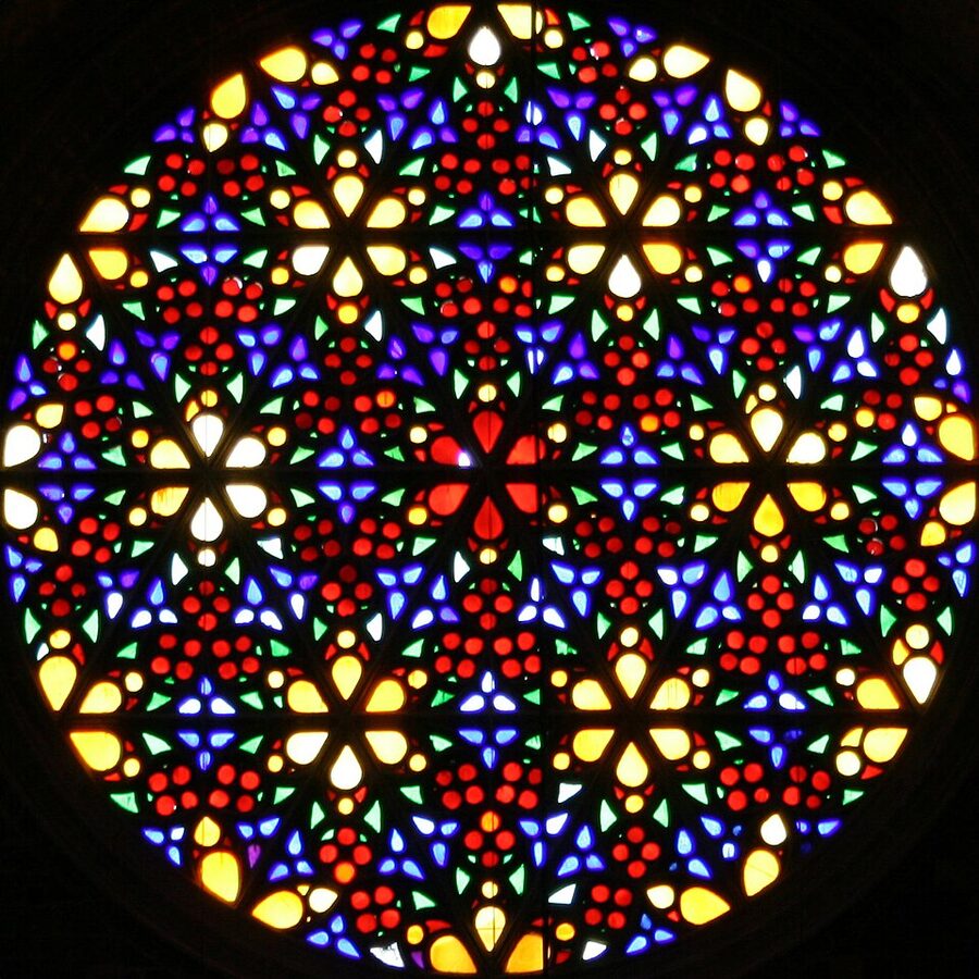 Close-up of Palma Cathedral La Seu rose window from inside