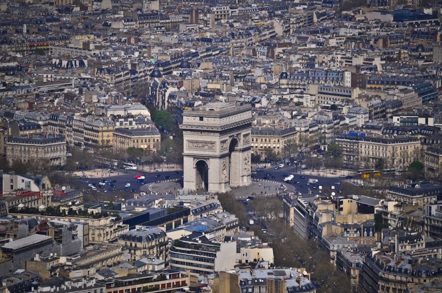 Aerial view of the Arc de Triomphe and the Etoile roundabout in Paris