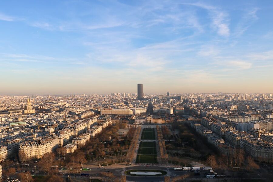 Paris cityscape at sunset from an elevated viewpoint
