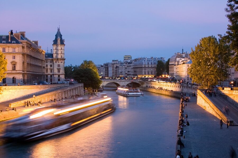 Seine river and historic Paris bridge architecture at night