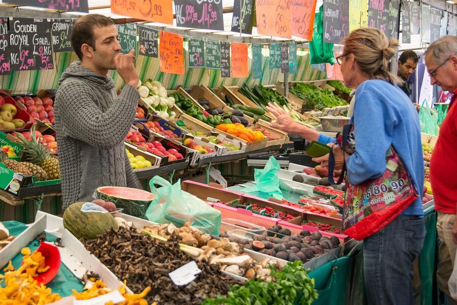 Paris farmers market stall with fresh produce