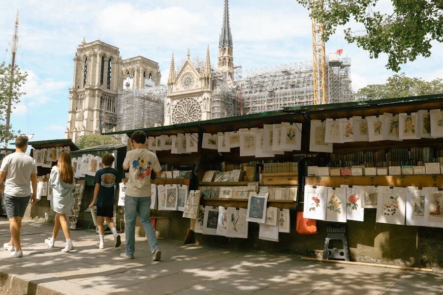 Stalls beside Notre-Dame Cathedral on the Seine Paris