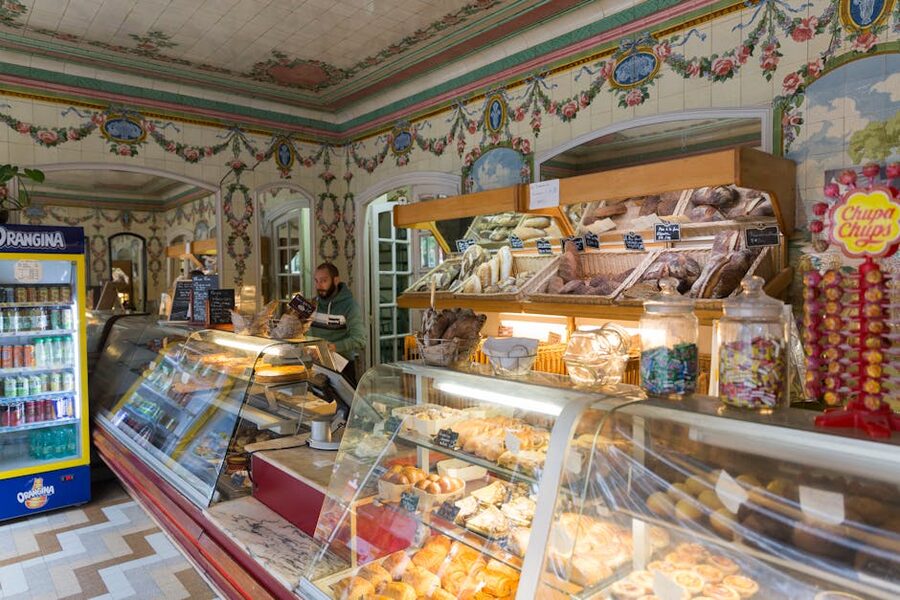 Parisian bakery counter with assorted breads and pastries