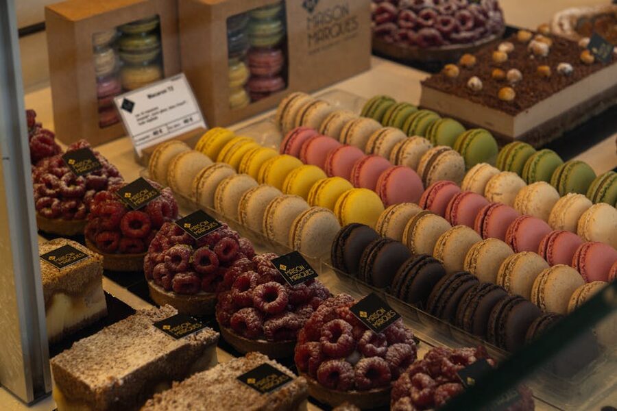 Parisian patisserie with elaborate pastry display