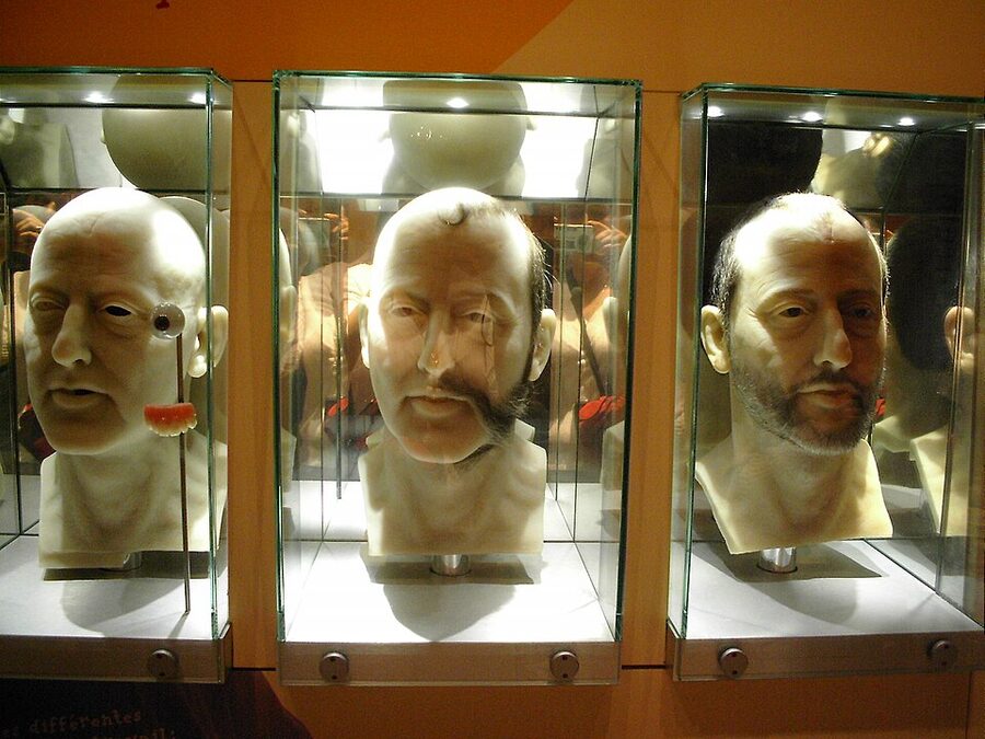 Three wax heads in glass cases showing different stages of figure creation Paris