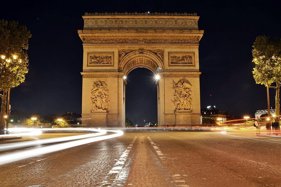 Arc de Triomphe Paris aerial view with avenues radiating out
