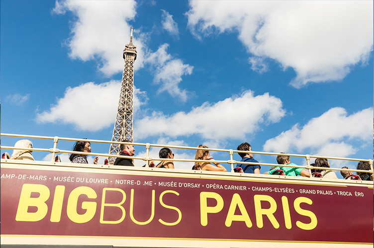 Big Bus Paris double-decker at the Eiffel Tower