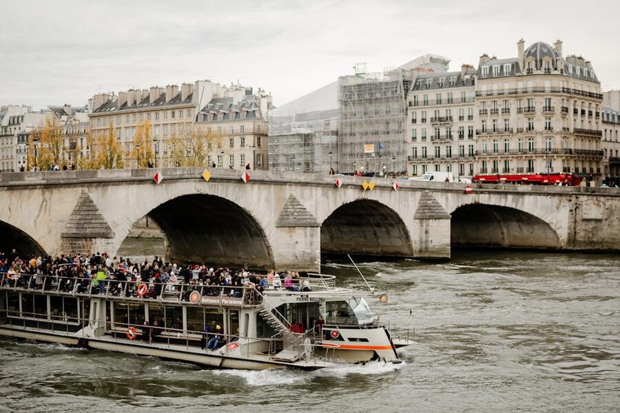 Tourists on a Seine River cruise in Paris