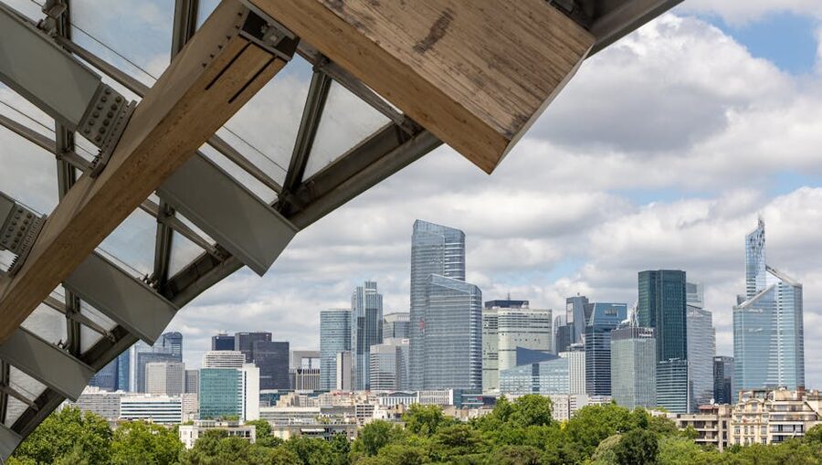 Paris La Defense skyline modern architecture seen from a viewpoint near the Foundation