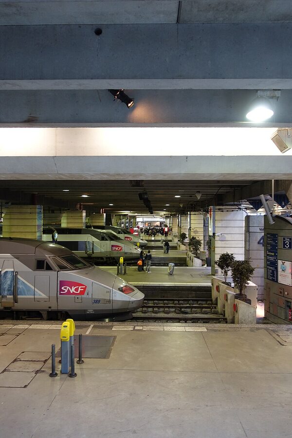 TGV trains at Paris Montparnasse station — the departure point for Mont-Saint-Michel by rail