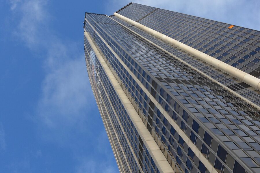 Montparnasse Tower glass facade against blue sky