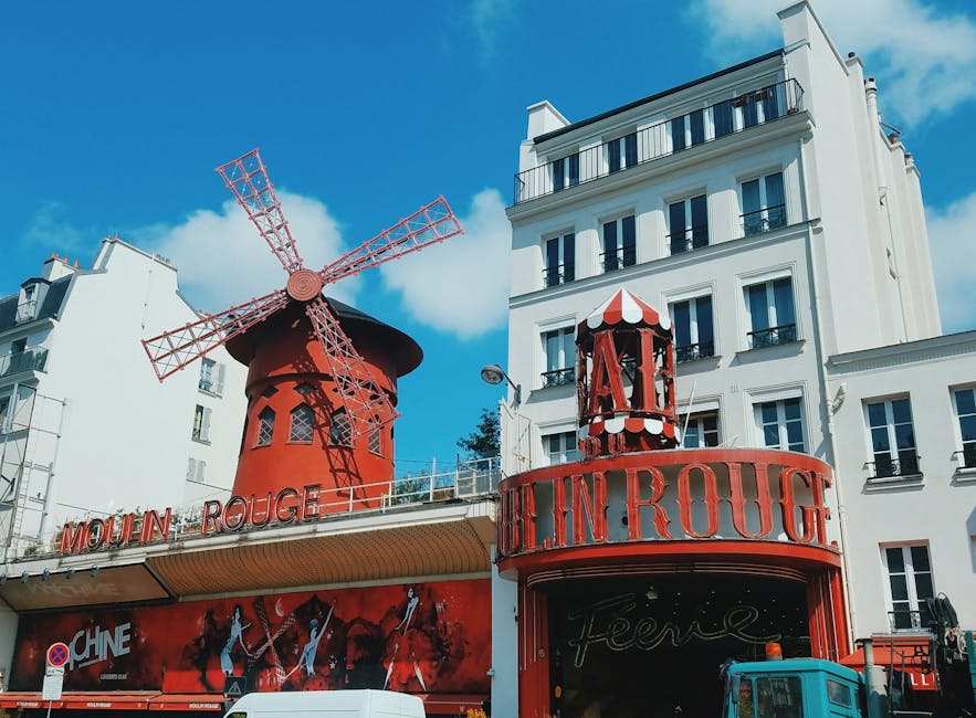 Moulin Rouge against clear blue sky Paris