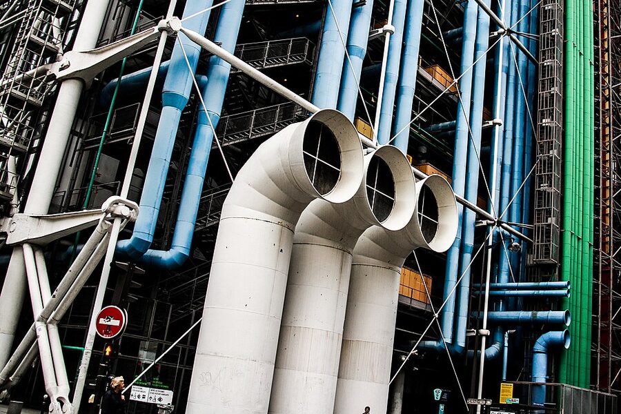 Centre Pompidou exterior with coloured pipes Paris