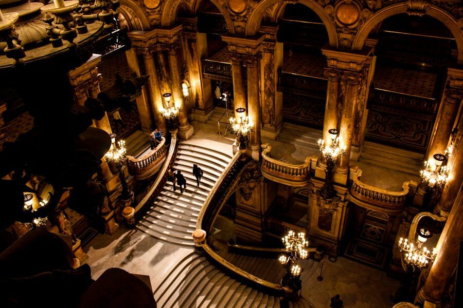 Aerial view down the Grand Staircase at Opera Garnier