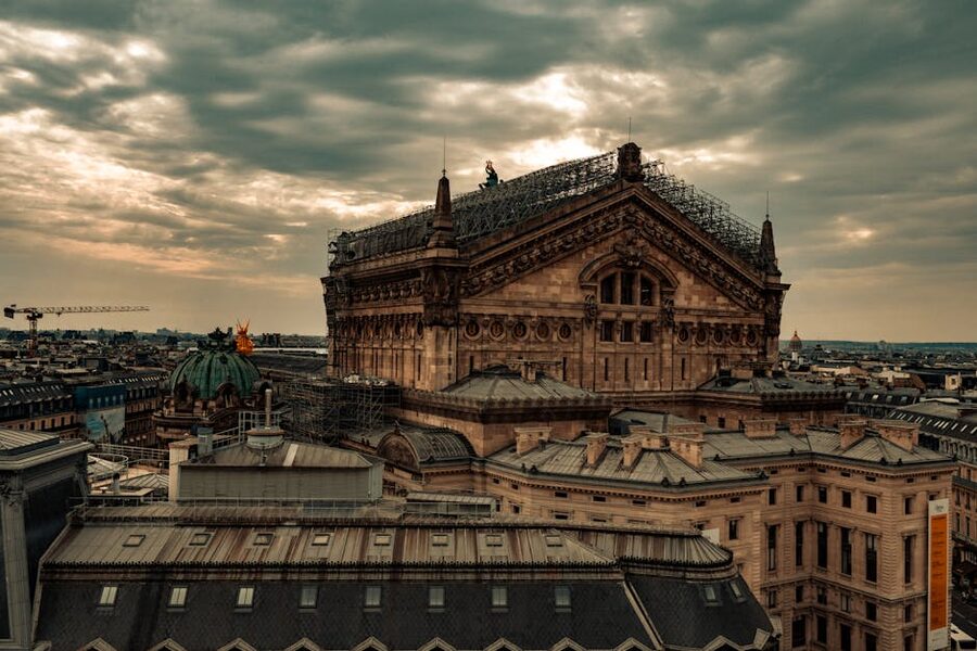 Aerial view of central Paris with Opera Garnier visible at sunset