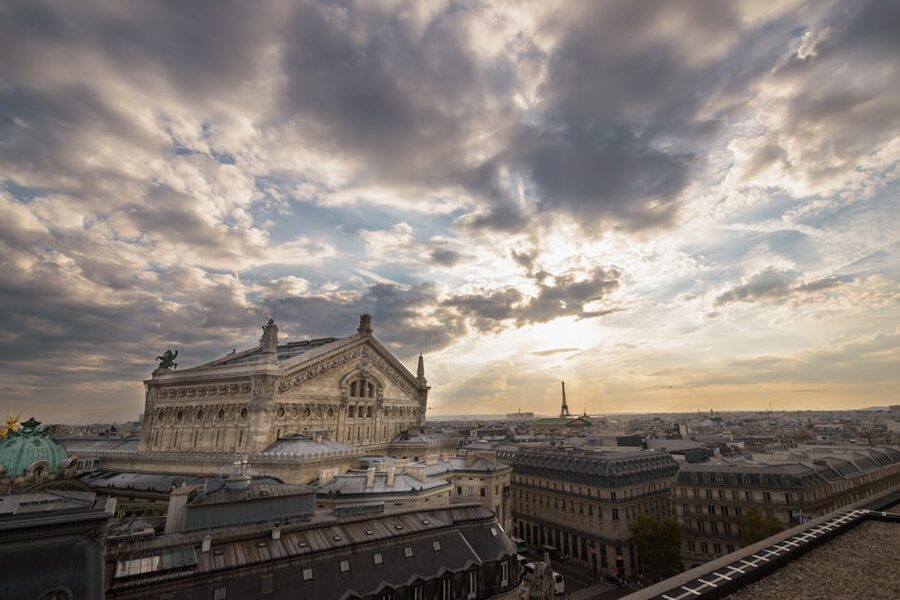 Palais Garnier exterior glowing at sunset, Paris