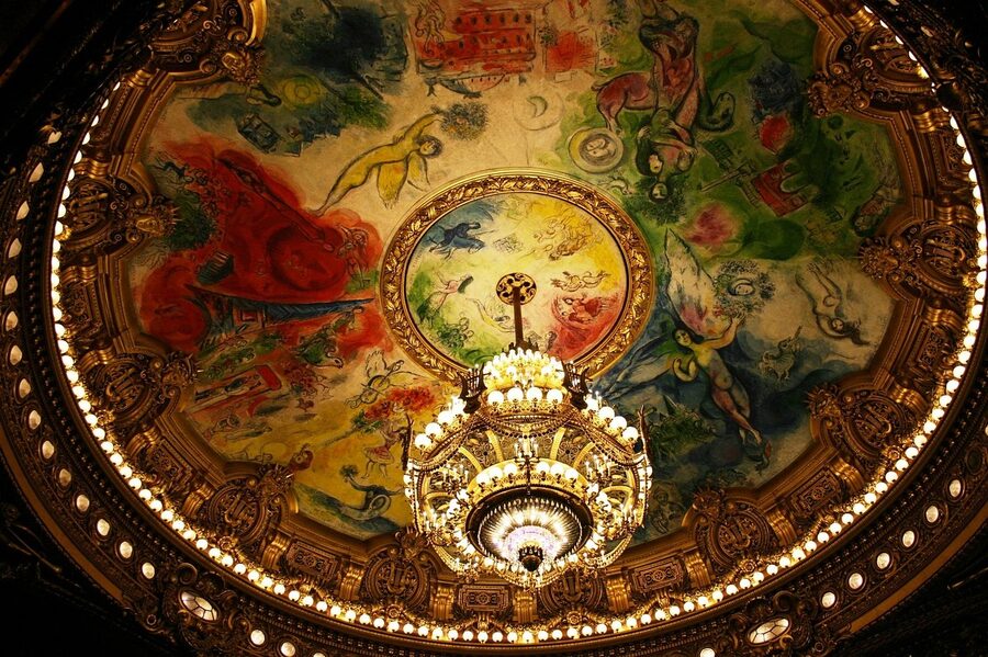 Chagall painted ceiling and chandelier in the Palais Garnier auditorium