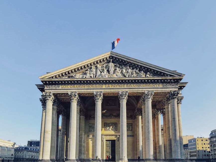 Panthéon Paris facade with French flag flying