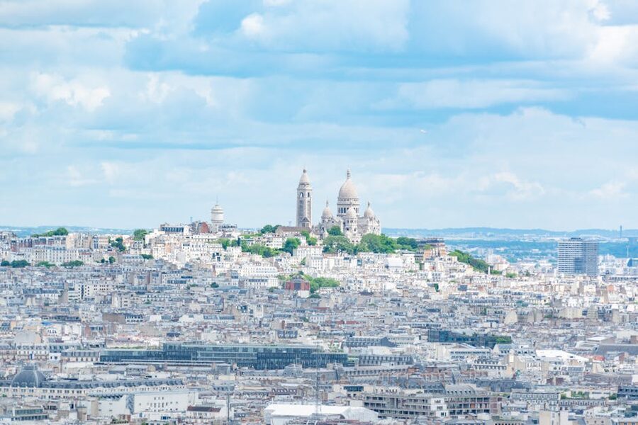 Sacre Coeur and Montmartre aerial view Paris