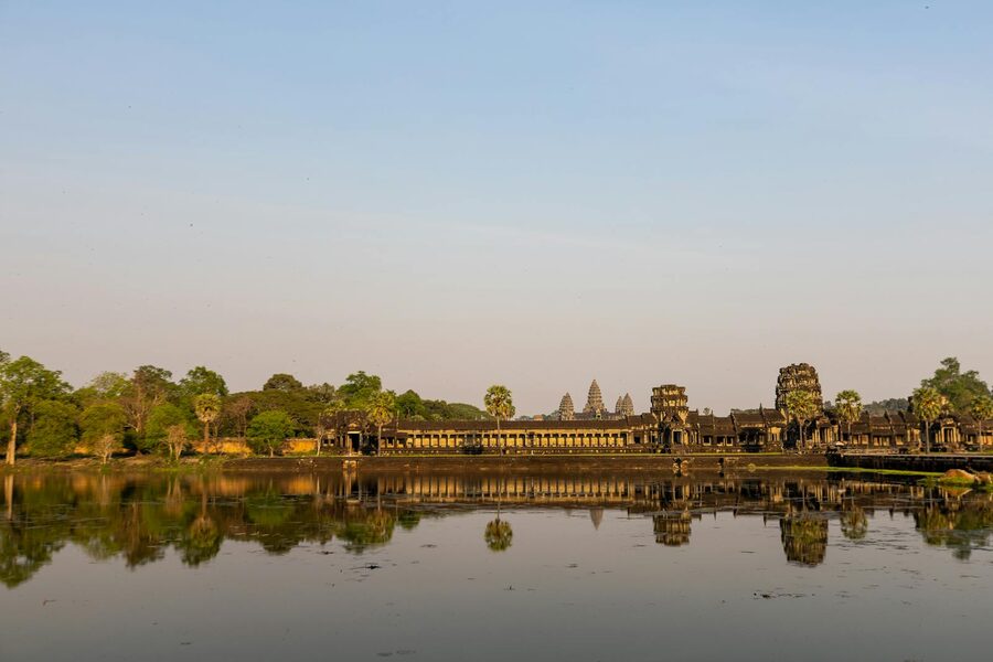 Beautiful reflection of Angkor Wat temple during sunrise