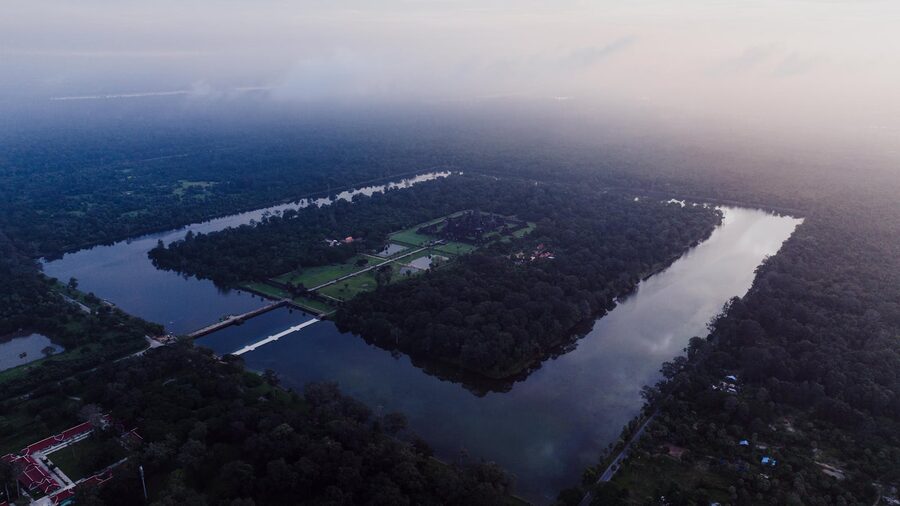 Aerial view of Angkor Wat in Cambodia shrouded in mist