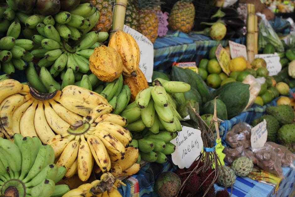 Tropical fruit market display with bananas and pineapples