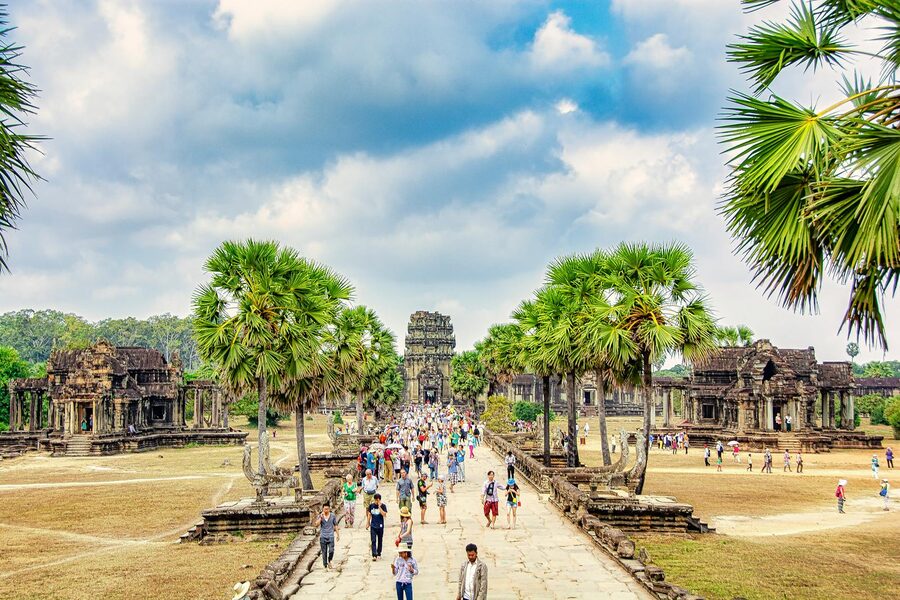 Tourists explore the iconic Angkor Wat in Siem Reap, Cambodia