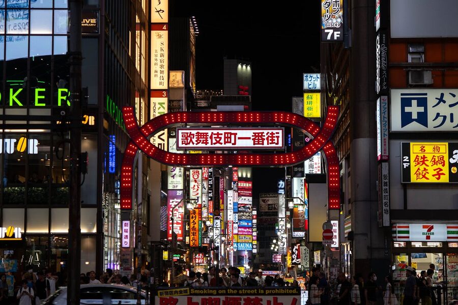 Neon-lit street in Kabukicho entertainment district, Shinjuku Tokyo