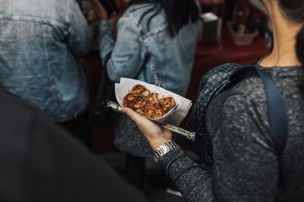 Freshly cooked takoyaki octopus balls served as Japanese street food