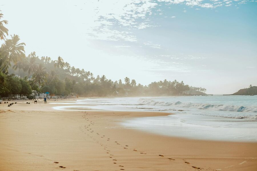 Footprints in wet sand on Mirissa Beach Sri Lanka at sunrise