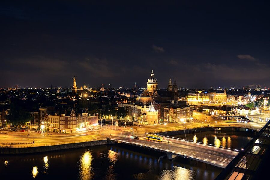 Amsterdam cityscape illuminated at night